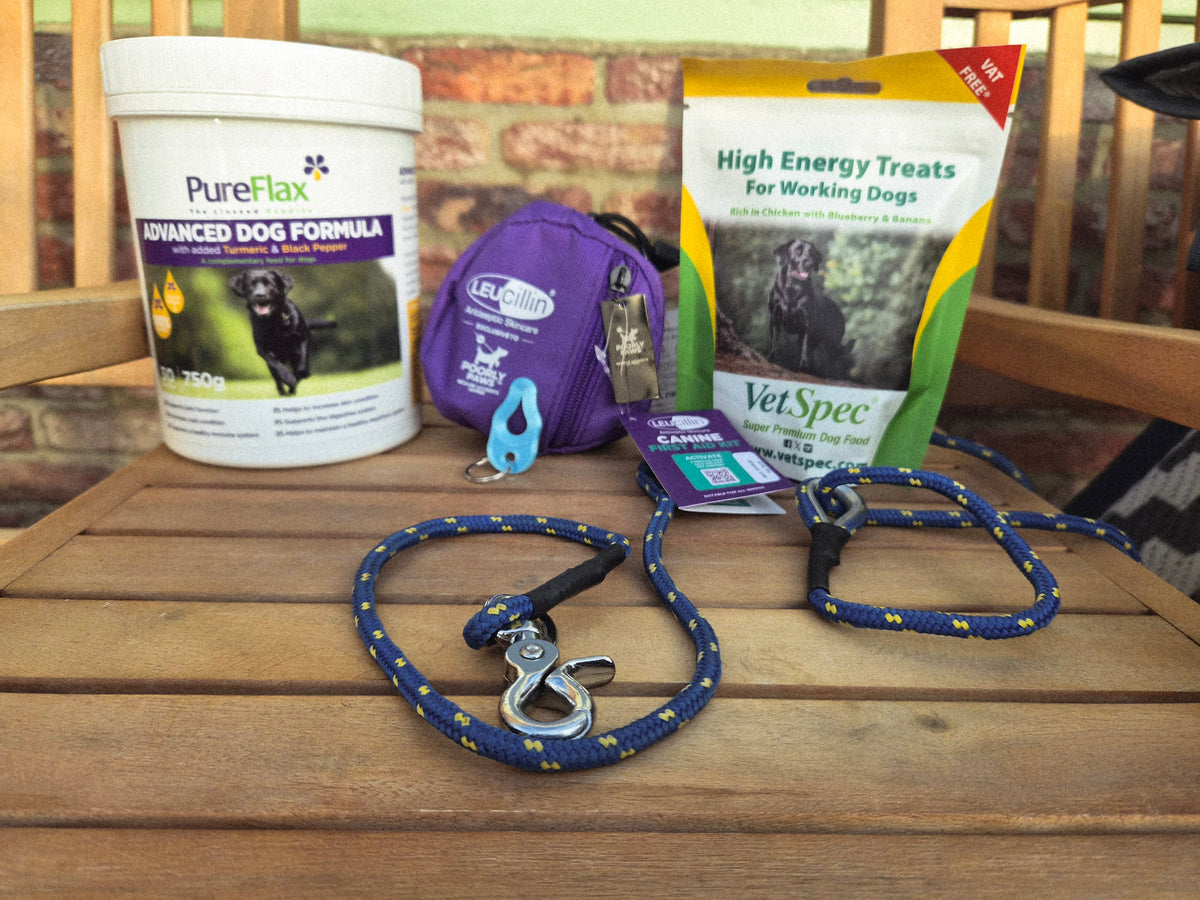 Kirkbourne Spaniels Shoot Season Bundle - five working gundog essentials for the shooting season. KB Field Trial Relax Pro slip lead, Leucillin first aid spray, PureFlax Advanced Formula, tick puller lanyard and VetSpec energy bites. Worth £55 for £45.