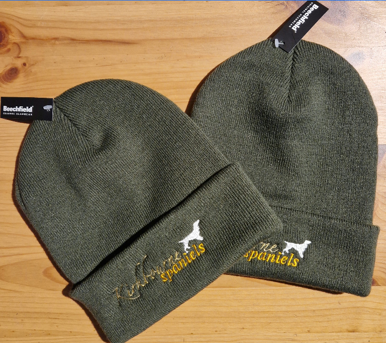 Kirkbourne Spaniels embroidered beanie hat in olive green and orange - warm machine washable hat for gundog handlers and dog training