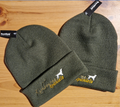 Kirkbourne Spaniels embroidered beanie hat in olive green and orange - warm machine washable hat for gundog handlers and dog training