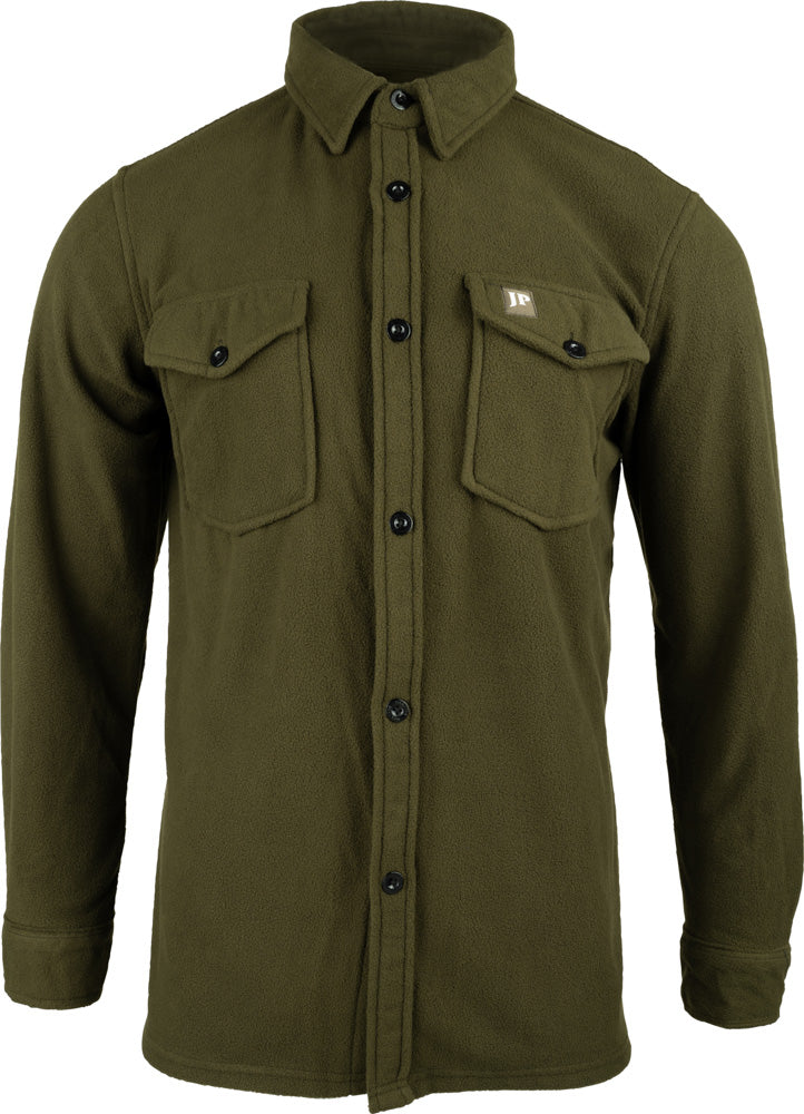 Jack Pyke polar fleece shirt in dark olive - classic button-down fastening, two chest button pockets and button cuffs, relaxed fit for shooting and country wear