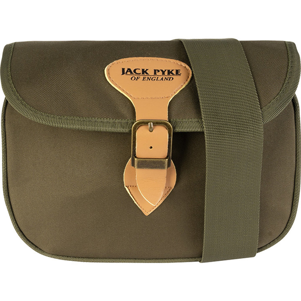 Jack Pyke speed loader cartridge bag in green - 600D Cordura construction, faux leather trim, buckle fastening and adjustable shoulder strap with four-cartridge holder