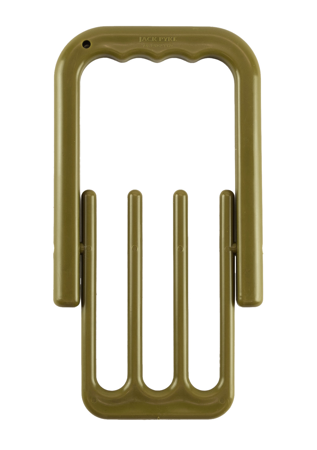 Jack Pyke foldable game carrier fully open, showing ergonomic grooved handle and game-carrying frame