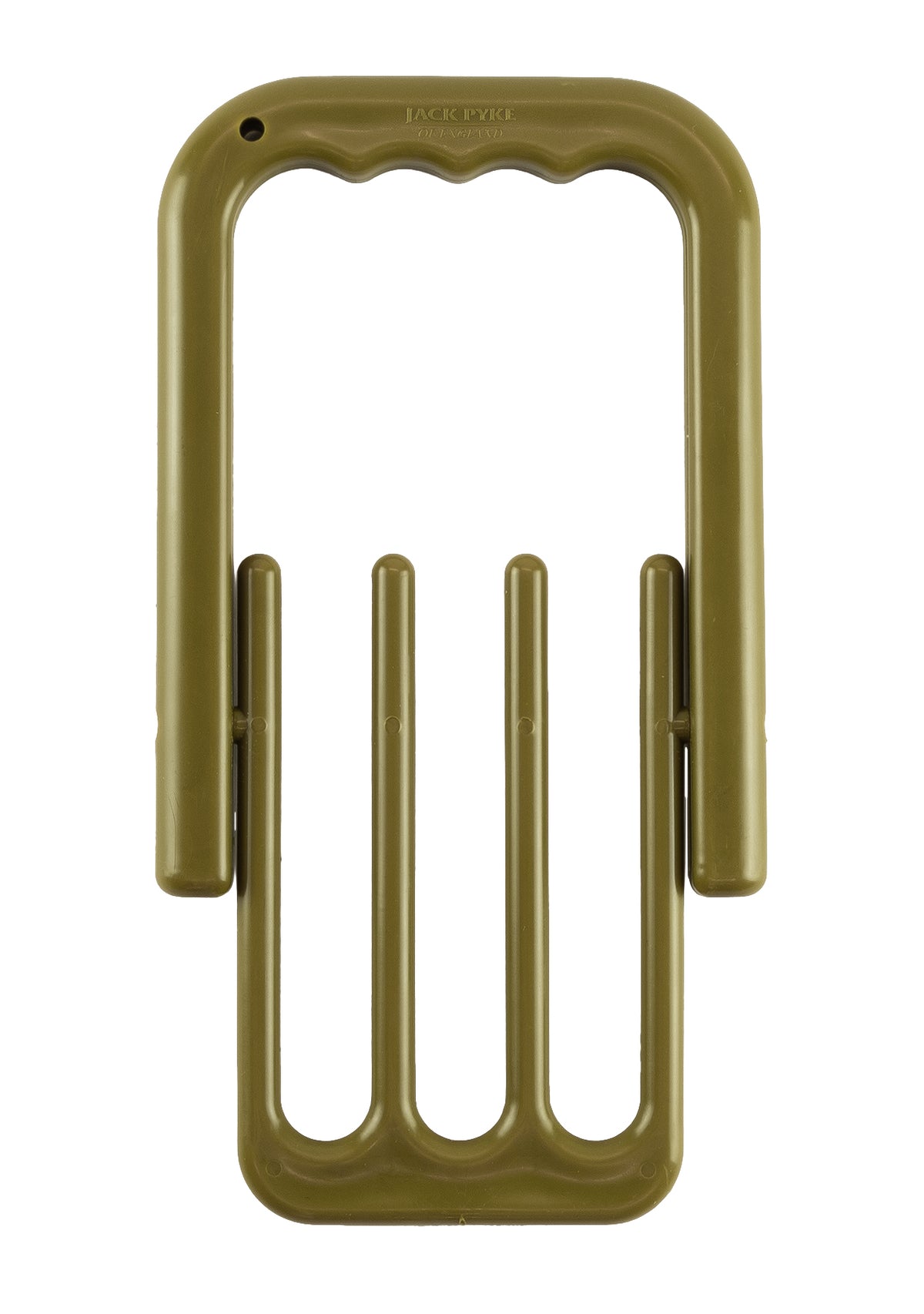 Jack Pyke foldable game carrier fully open, showing ergonomic grooved handle and game-carrying frame
