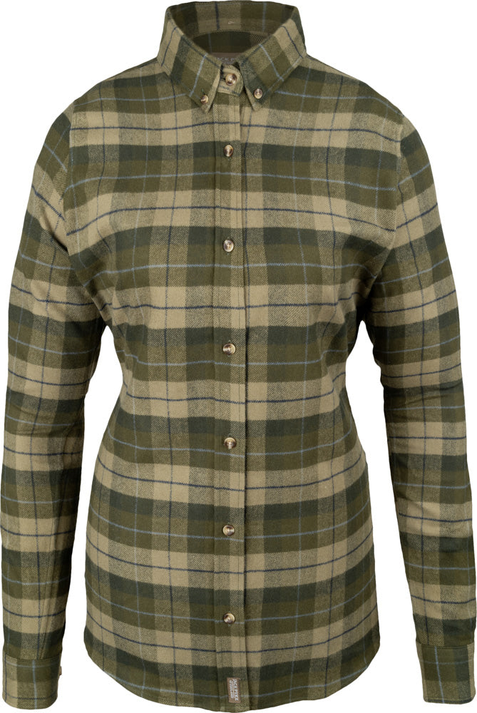 Jack Pyke Ladies Bleasdale heavy flannel shirt in green check - button-down collar, button-adjustable cuffs and two chest pockets, women's country shirt sizes 8–18