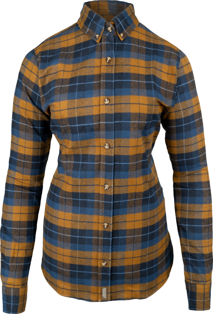 Jack Pyke Ladies Bleasdale heavy flannel shirt in navy russet check - button-down collar, button-adjustable cuffs and two chest pockets, women's country shirt sizes 10–18