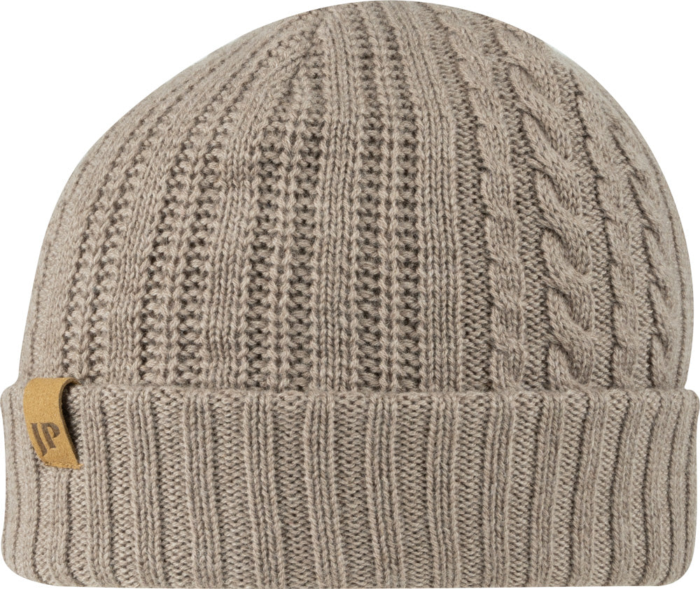 Jack Pyke merino wool beanie hat in barley - cable knit design, foldable hem and suede JP logo, lightweight country hat one size fits most