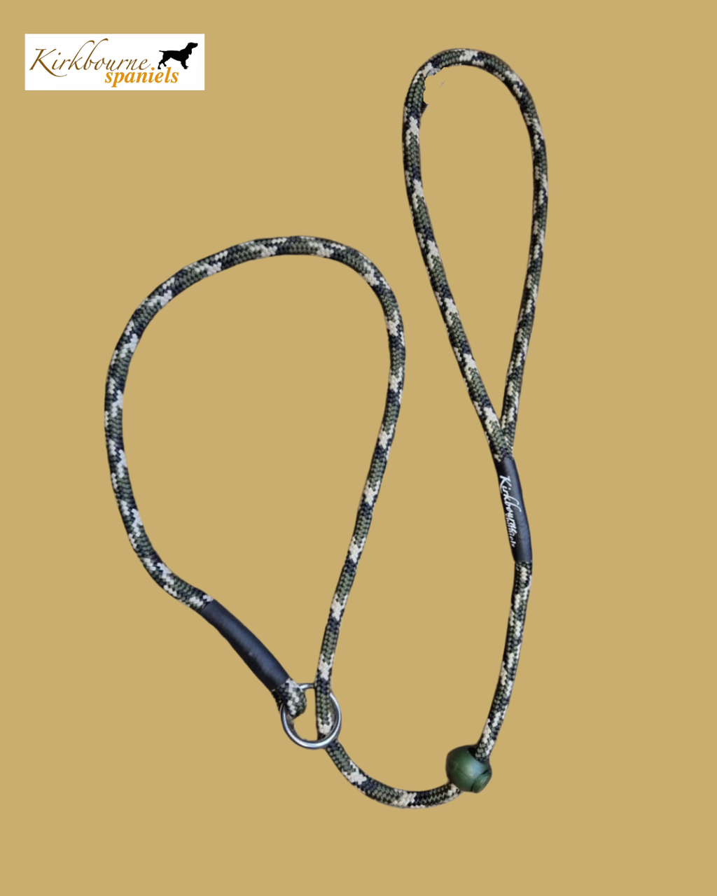 Kirkbourne Spaniels 110cm slip lead with rubber stopper - 6mm braided PPM rope, available in 40+ colours. Personalised gundog lead handmade to order in Yorkshire. No stretch, washable, fast drying.