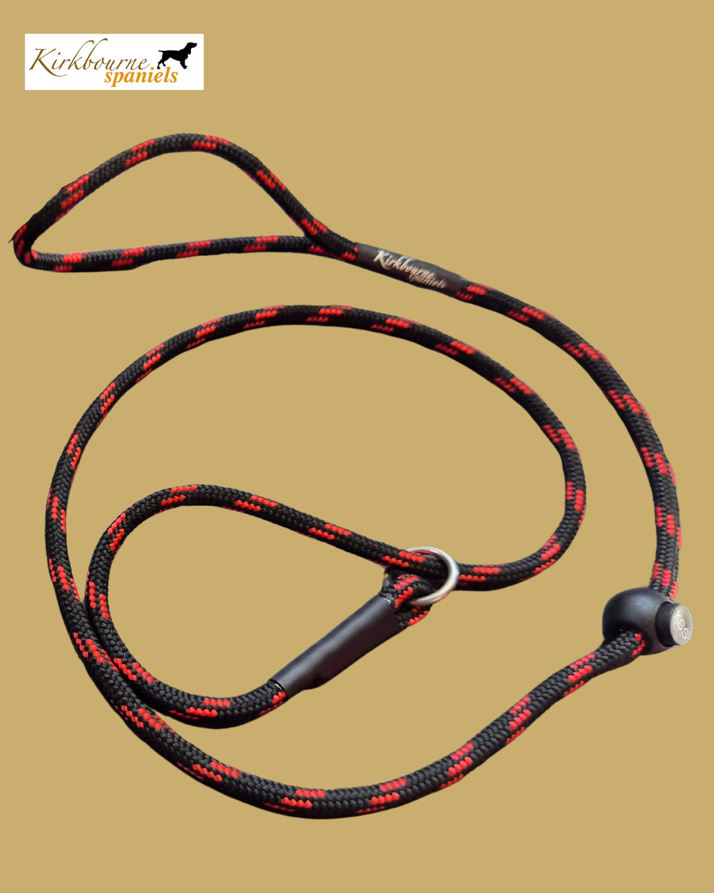 Kirkbourne Spaniels 110cm slip lead with stopper laid flat - 6mm PPM braided rope, marine-grade swivel, no metal clips. Handmade in Yorkshire for trained gundogs.