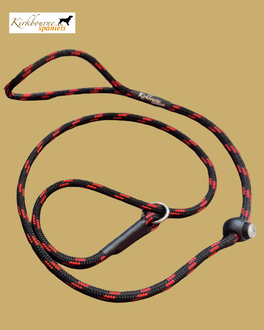Kirkbourne Spaniels 110cm slip lead with stopper laid flat - 6mm PPM braided rope, marine-grade swivel, no metal clips. Handmade in Yorkshire for trained gundogs.