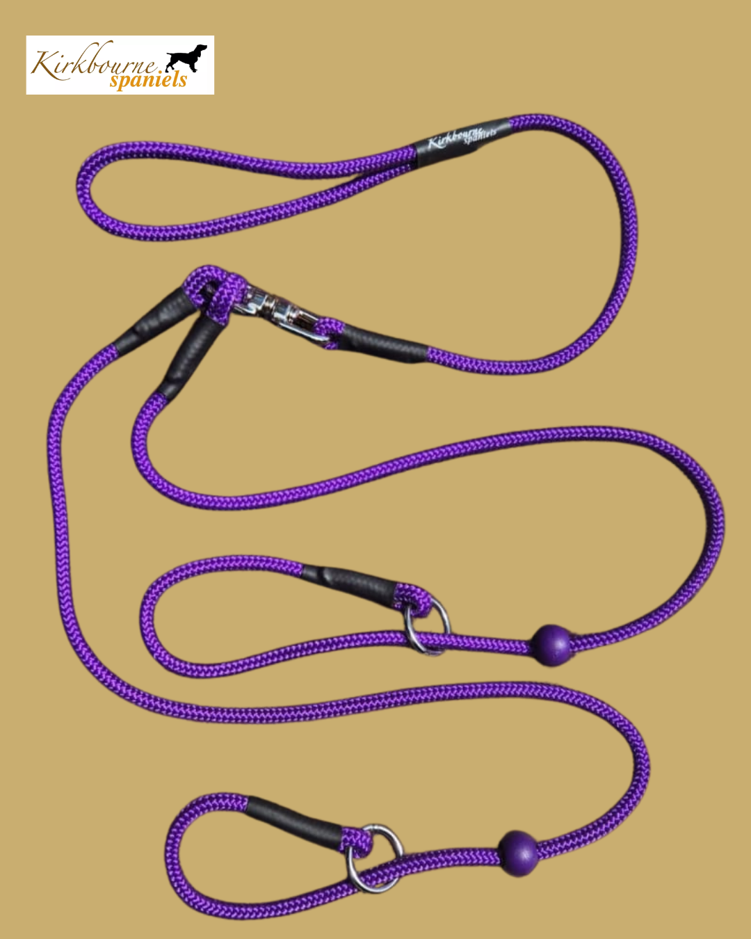 Kirkbourne Spaniels KB Brace Slip Lead - 6mm PPM braided rope in 50+ colourways, central swivel, dual stoppers. Personalised two dog slip lead handmade to order in Yorkshire. No metal clips, no tangles.