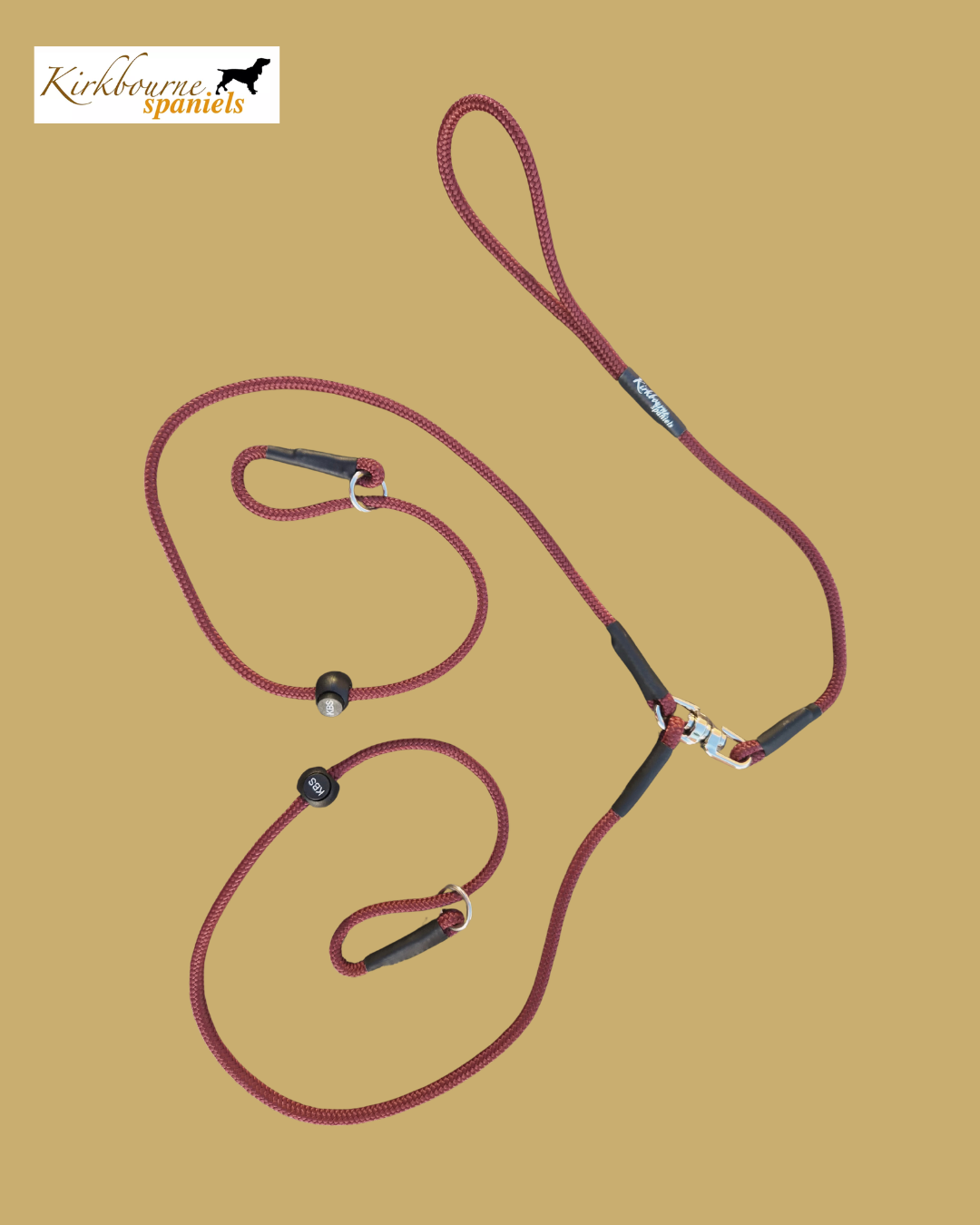 Kirkbourne Spaniels KB Brace Slip Lead laid flat - 100cm, 6mm PPM braided rope, central anti-twist swivel, stopper on each extension. Handmade two dog slip lead in Yorkshire.