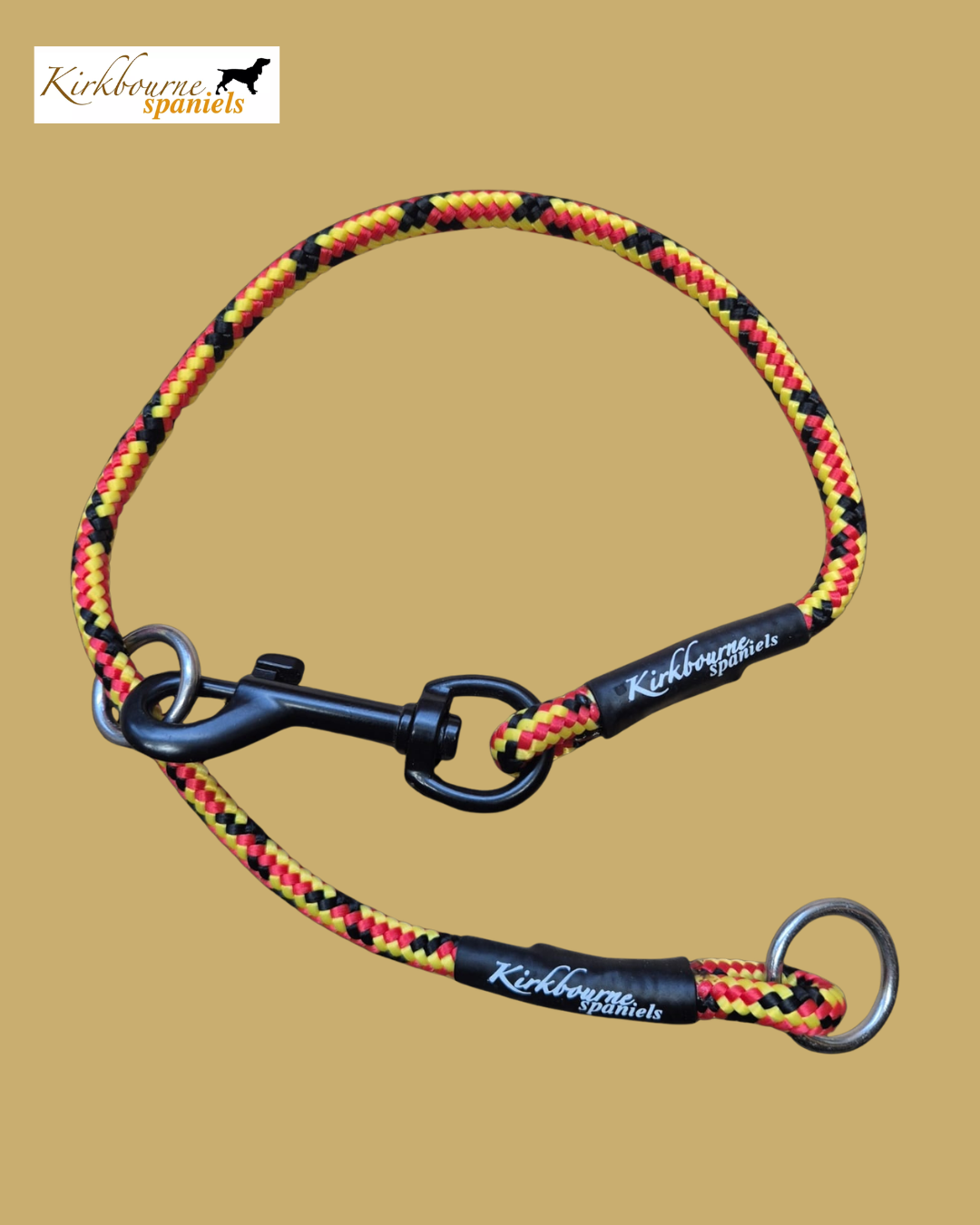 Kirkbourne Spaniels KB Control Collar laid flat - 6mm PPM braided rope, quick release clip, two welded stainless steel O-rings, no metal clips. Handmade working dog control collar in Yorkshire. Available in 46cm, 50cm and 55cm.