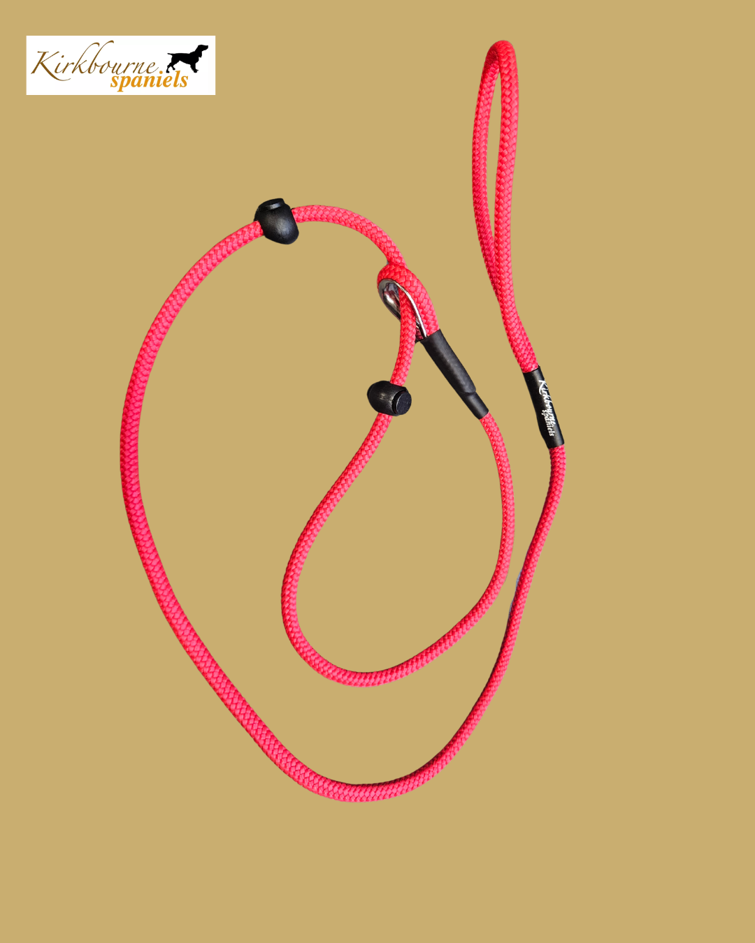 Kirkbourne Spaniels KB Double Stopper Slip Lead laid flat - 6mm PPM braided rope, two stoppers, marine-grade ring, no metal clips. Handmade limited slip lead in Yorkshire. Available in 100cm, 110cm and 120cm.
