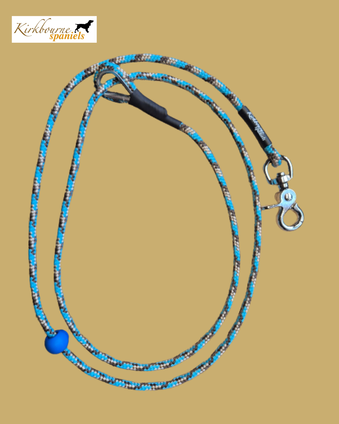 Kirkbourne Spaniels KB Field Trial Relax Pro laid flat - 130cm, 6mm PPM braided rope, marine-grade claw clip with swivel, stainless steel thimble, stopper. Handmade hands free field trial slip lead in Yorkshire.