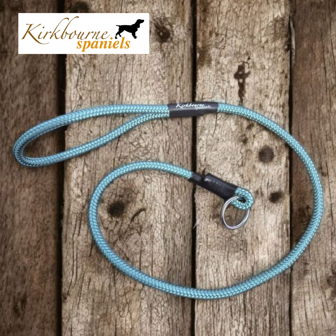 Kirkbourne Spaniels gundog heel slip lead - 6mm braided PPM rope, available in 40+ colours. Personalised slip lead handmade to order in Yorkshire. No stretch, fast drying, washable.