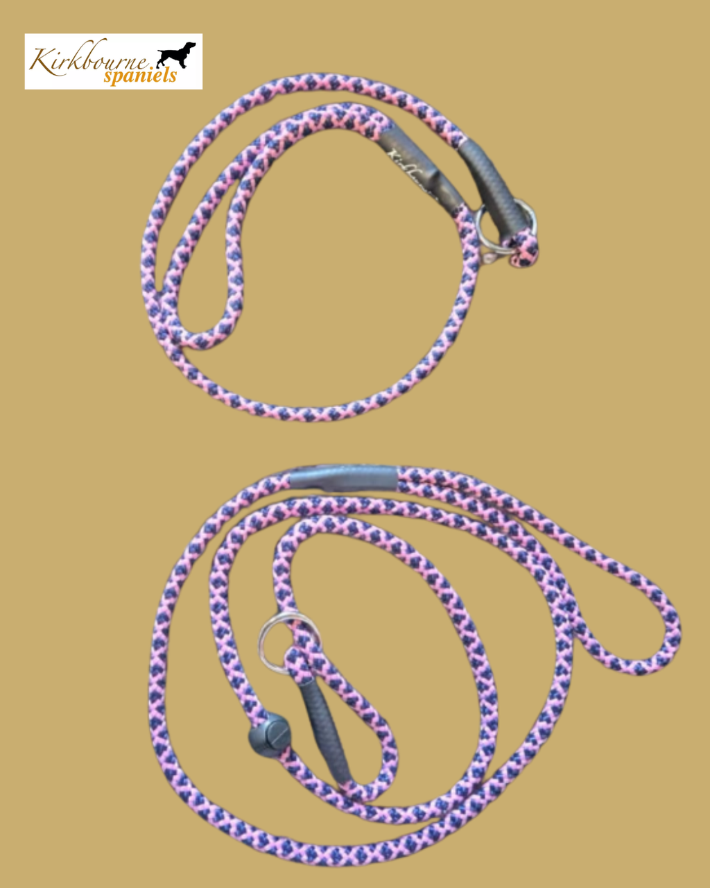 Kirkbourne Spaniels KB Heel Slip Lead and 110cm Slip Lead duo - 6mm PPM braided rope in 40+ colourways, marine-grade swivel and ring. Personalised gundog lead pair handmade to order in Yorkshire.