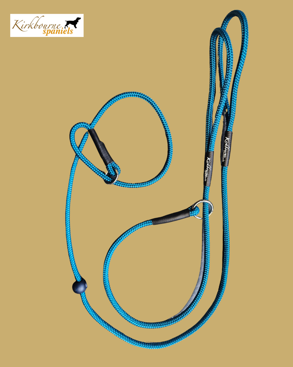 Kirkbourne Spaniels KB Heel Slip Lead and 110cm Slip Lead pair laid flat - original gundog lead design by Darren Kirk, UK Gundog Trainer of the Year. Handmade training lead set in Yorkshire. 60cm and 110cm.