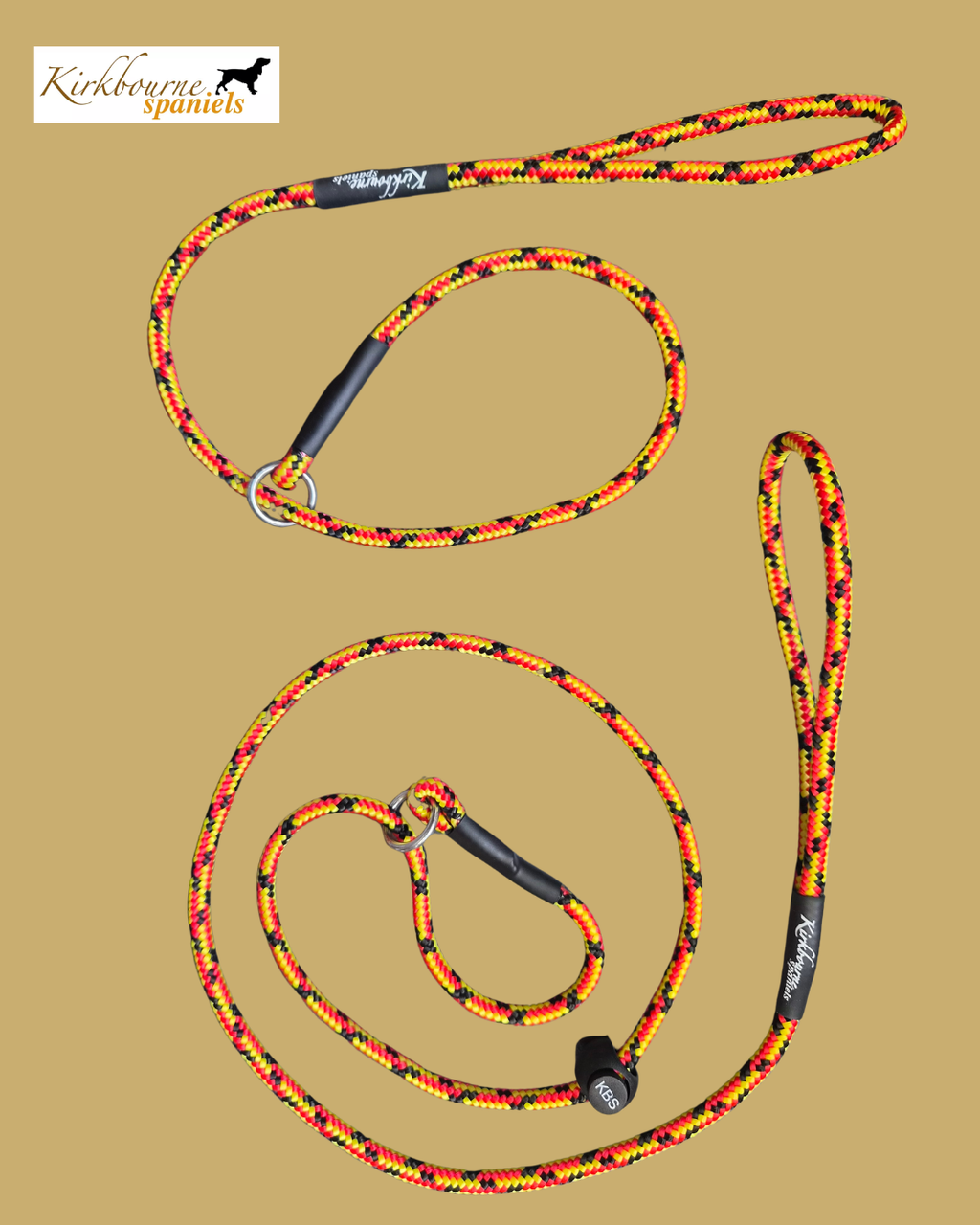 Kirkbourne Spaniels KB Heel Slip Lead and 110cm Slip Lead laid flat - 6mm PPM braided rope, marine-grade ring and swivel, no metal clips. Handmade gundog training lead duo in Yorkshire. Two leads for £17.
