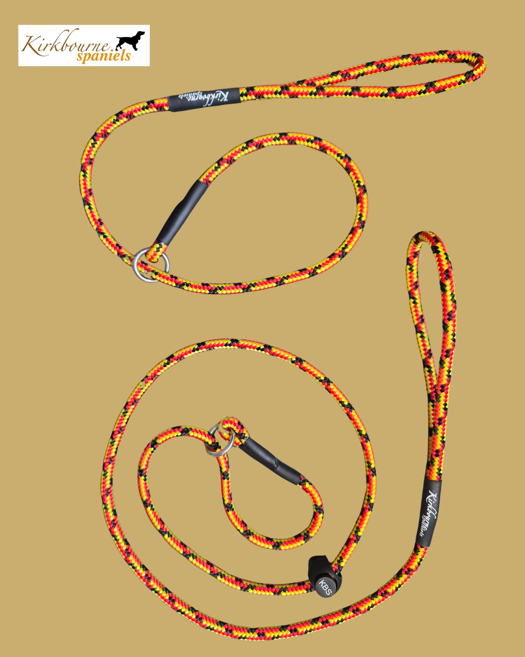 Kirkbourne Spaniels KB Heel Slip Lead and 110cm Slip Lead laid flat - 6mm PPM braided rope, marine-grade ring and swivel, no metal clips. Handmade gundog training lead duo in Yorkshire. Two leads for £17.