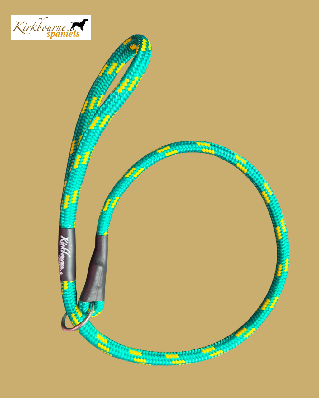 Kirkbourne Spaniels KB Heel Slip Lead laid flat - 8mm PPM braided rope, marine-grade ring, no metal clips. Chunkier grip original gundog heel slip lead handmade in Yorkshire. Available in 60cm and 70cm.