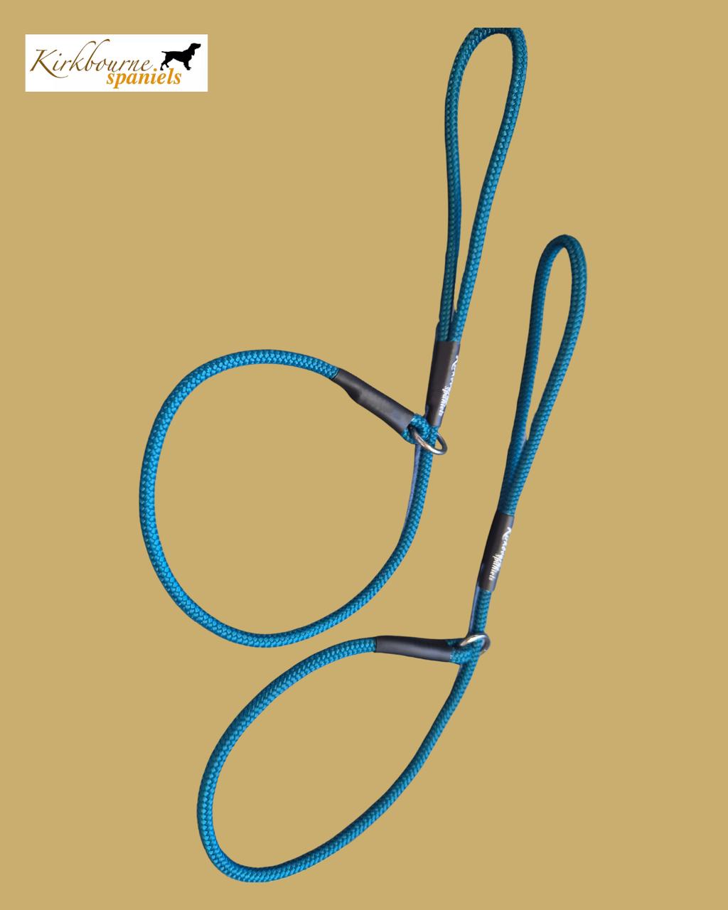 Kirkbourne Spaniels KB Heel Slip Lead Duo laid flat - two 6mm PPM braided gundog leads, available in 40+ colourways. Mix or match colours. Personalised heel slip leads handmade to order in Yorkshire.