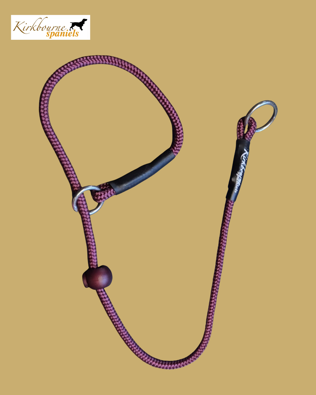 Kirkbourne Spaniels KB Slip Collar laid flat - 6mm PPM braided rope, marine-grade stainless steel O-ring, grip stopper. Handmade gundog slip collar in Yorkshire, available in 50cm and 65cm.
