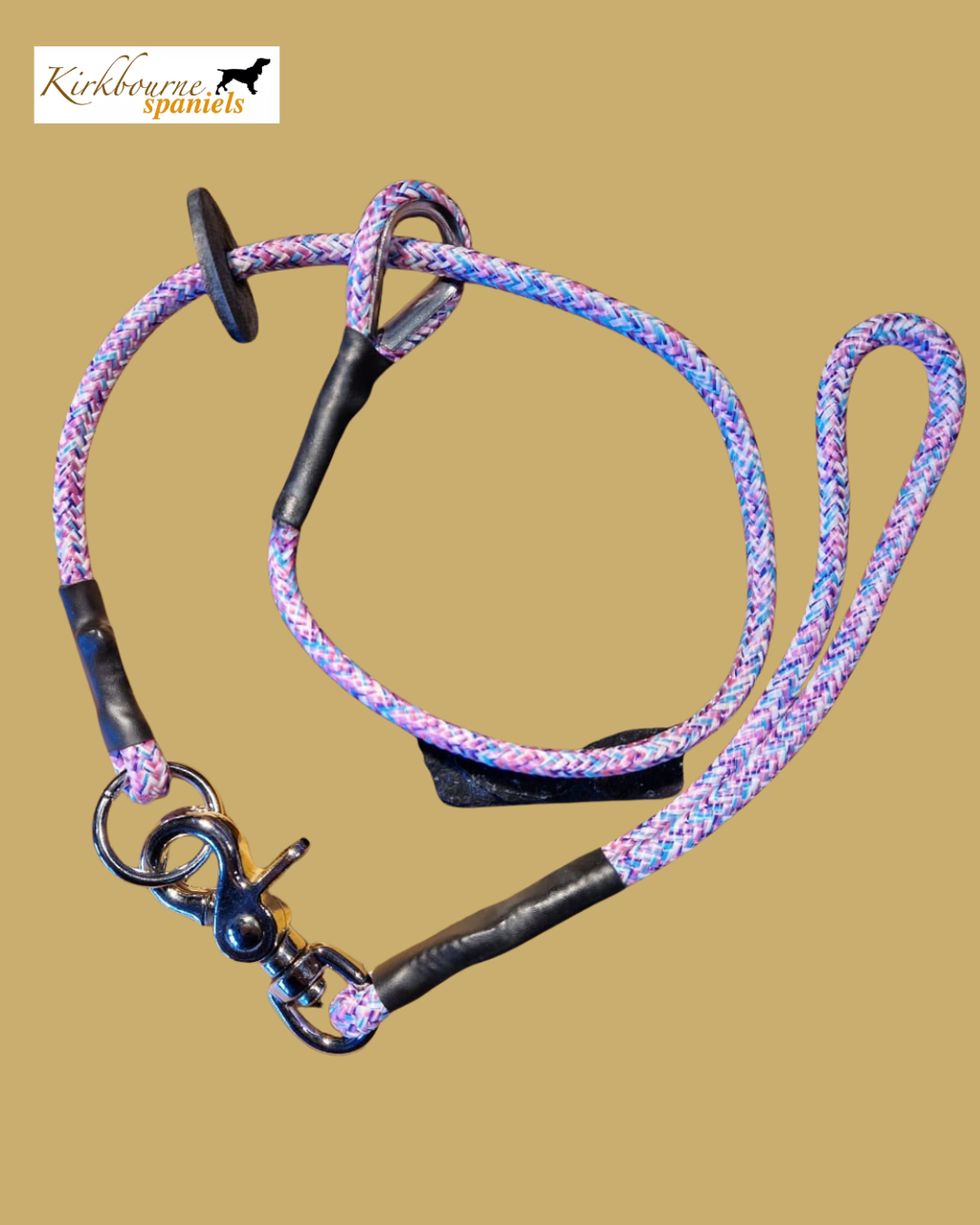 Kirkbourne Spaniels KB Trigger Release Heel Slip Lead laid flat - 6mm PPM braided rope, heavy-duty marine-grade claw clip, no D-spring shortcuts. Original design handmade in Yorkshire.