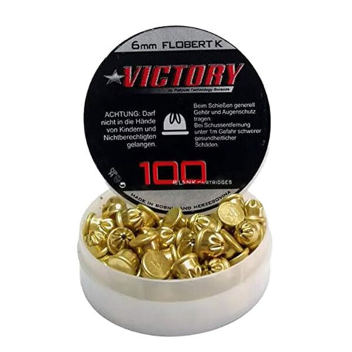 Open tub of Victory 6mm .22 cal short blank cartridges showing 100 brass blanks for gundog and spaniel training pistols