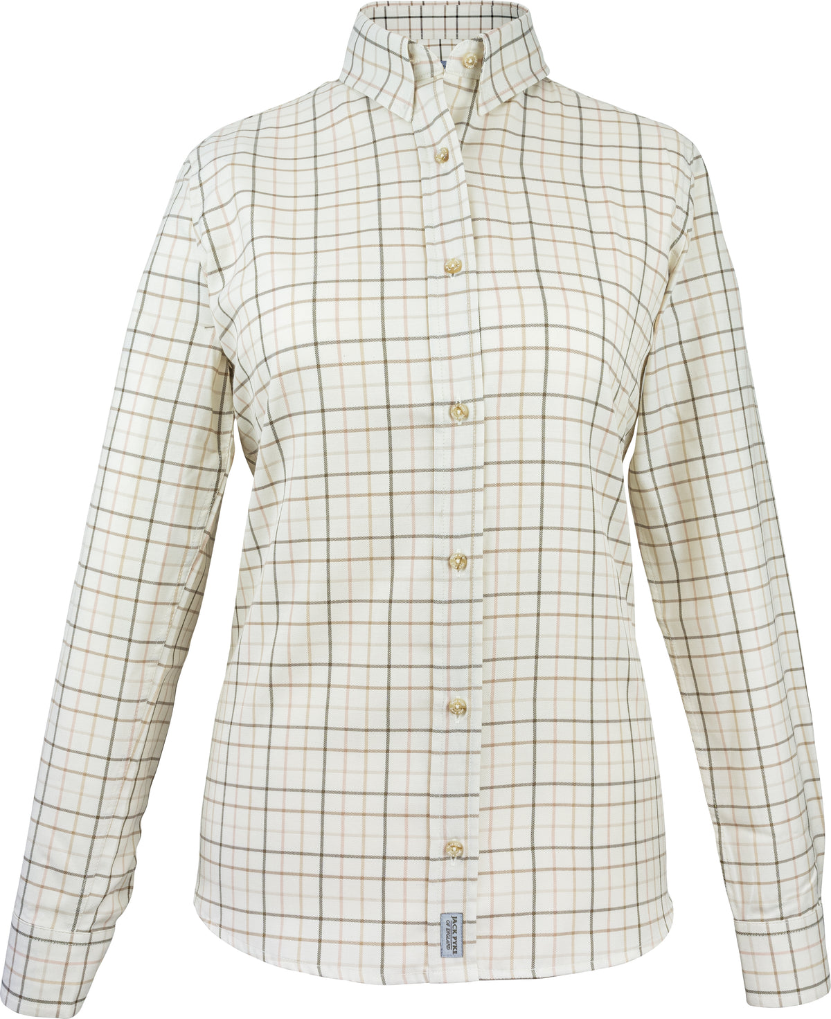 Jack Pyke ladies countryman shirt in large brown check with embroidered Kirkbourne Spaniels logo on left chest pocket - semi-fitted country shirt sizes 8–18