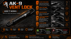 How the AK-9 Vent Lock works - three-step diagram showing fit, window crack and airflow through car boot