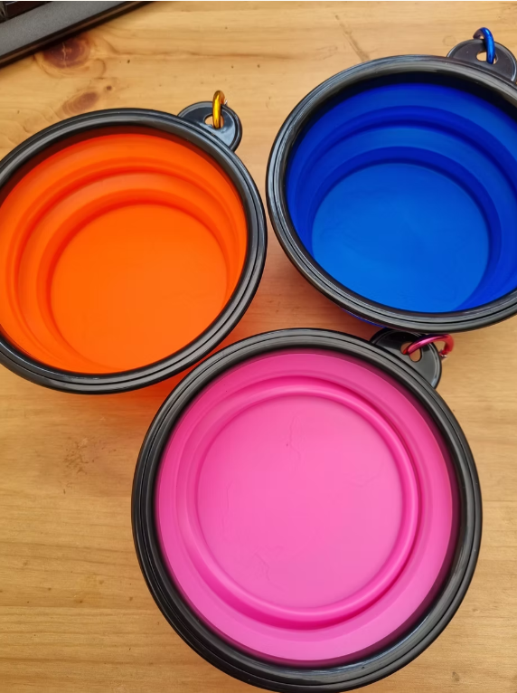 Collapsible silicone dog water bowl multiple colours - orange white and yellow in stock lightweight clip-on bowl 300ml capacity for working gundogs on training days and shoot days pairs with Kirkbourne Spaniels water canister for full field hydration setup