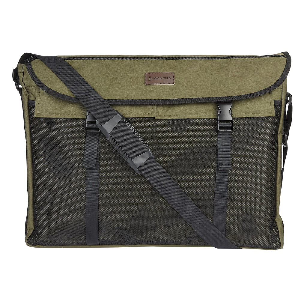 Dog and Field large game and dummy bag front view in olive green - front mesh net two large external pockets and adjustable shoulder strap for organised dummy and game storage during gundog training and field work