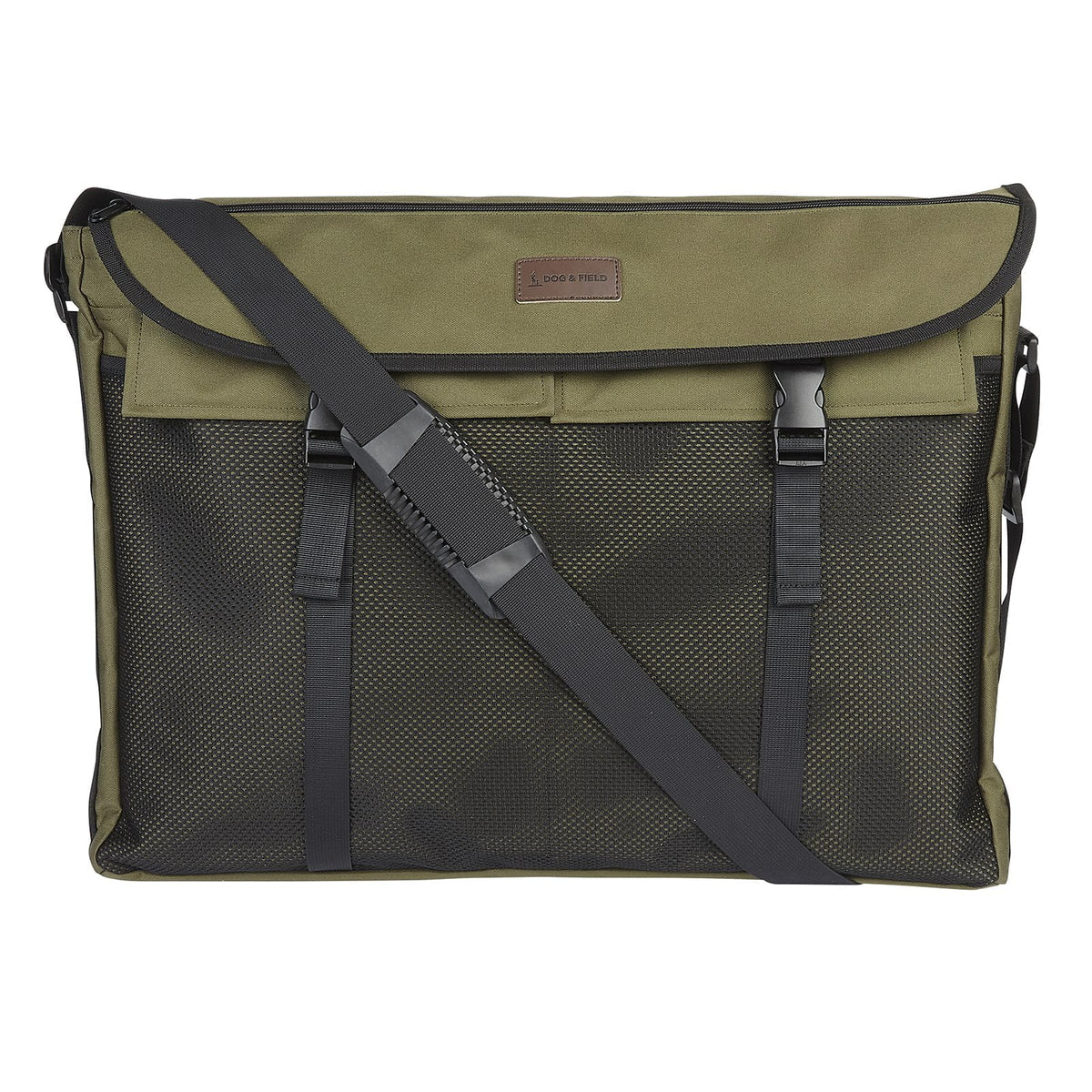 Dog and Field large game and dummy bag front view in olive green - front mesh net two large external pockets and adjustable shoulder strap for organised dummy and game storage during gundog training and field work