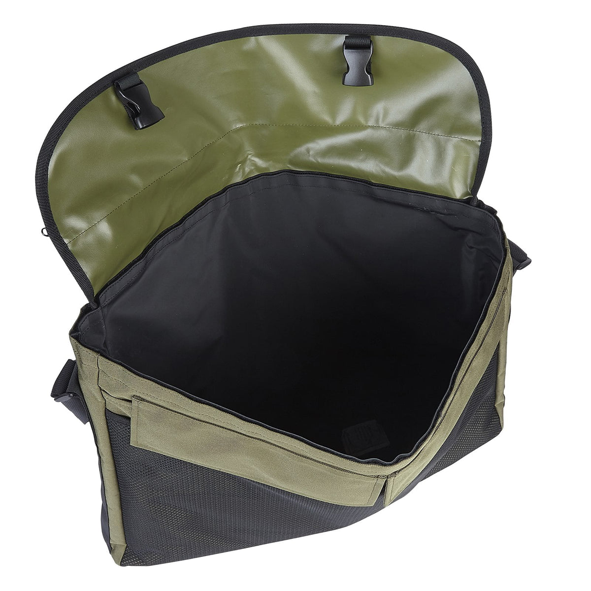 Dog and Field large game and dummy bag open view in olive green - washable removable inner liner two large pockets and front mesh net for carrying dummies game and training essentials in a 60cm x 45cm bag