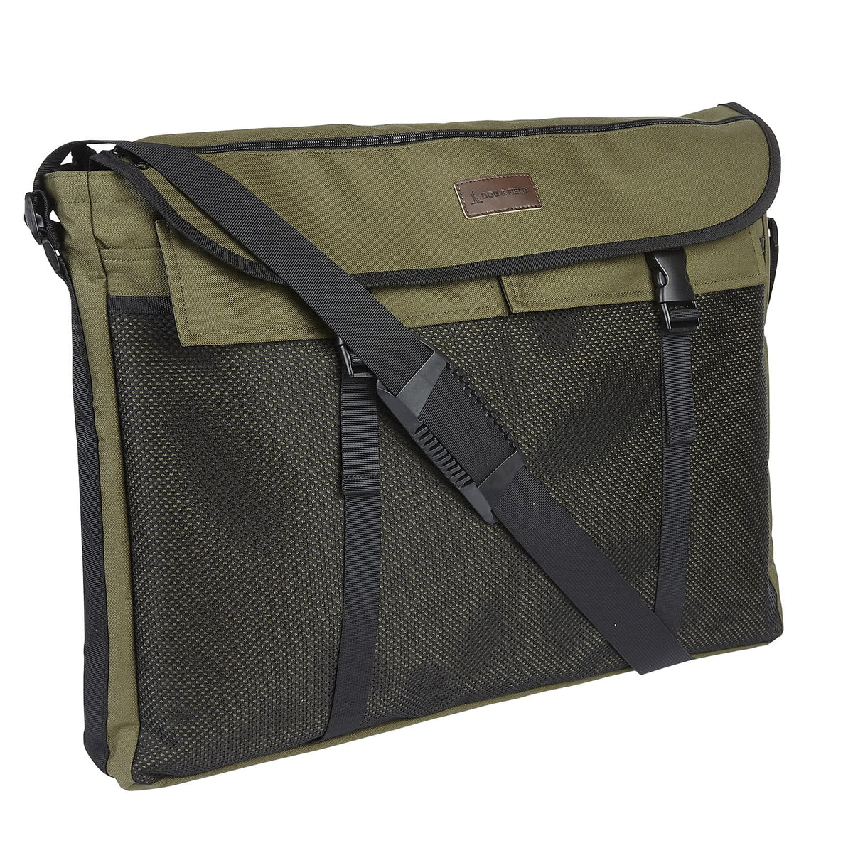Dog and Field large game and dummy bag side view in olive green - 60cm x 45cm two fastening straps adjustable shoulder strap and genuine leather logo badge for carrying dummies and game during gundog training and trialling