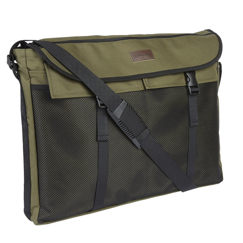 Dog and Field large game and dummy bag side view in olive green - 60cm x 45cm two fastening straps adjustable shoulder strap and genuine leather logo badge for carrying dummies and game during gundog training and trialling