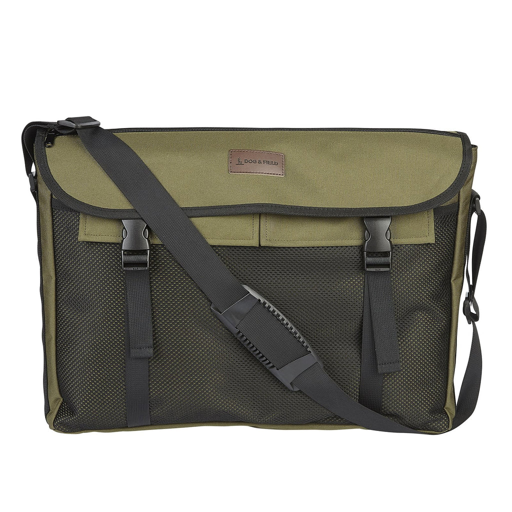 Dog and Field medium game and dummy bag front view in olive green - 50cm x 40cm two fastening straps front mesh net and genuine leather logo badge for carrying dummies and game during gundog training and trialling
