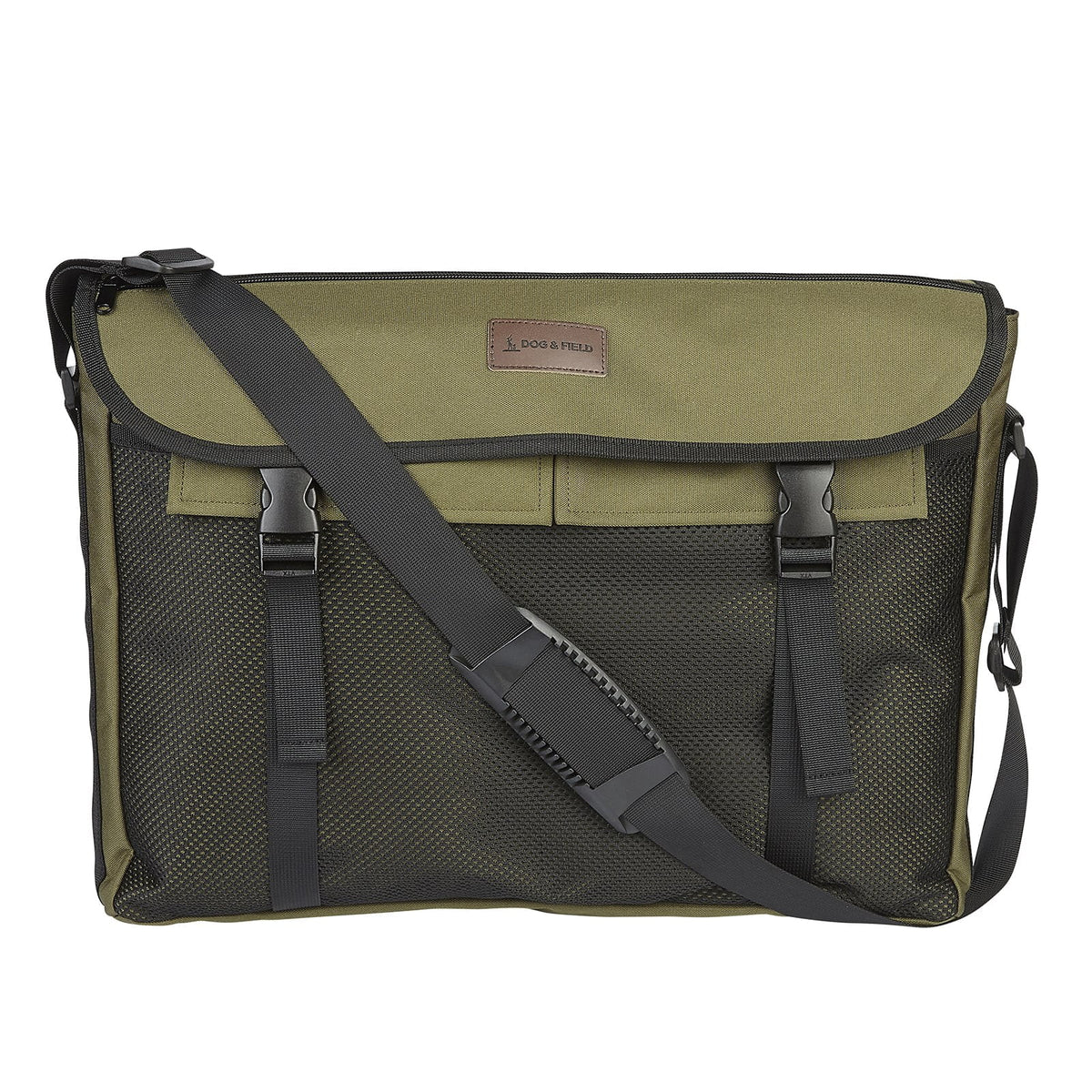 Dog and Field medium game and dummy bag front view in olive green - 50cm x 40cm two fastening straps front mesh net and genuine leather logo badge for carrying dummies and game during gundog training and trialling