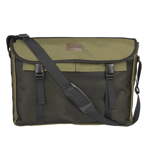 Dog and Field medium game and dummy bag front view in olive green - 50cm x 40cm two fastening straps front mesh net and genuine leather logo badge for carrying dummies and game during gundog training and trialling