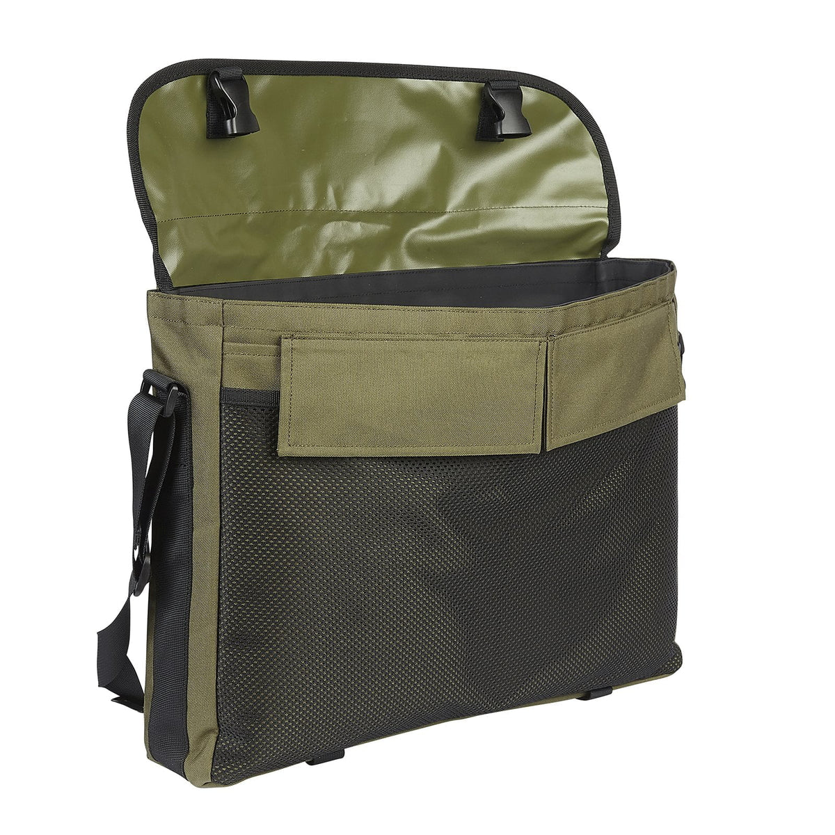 Dog and Field medium game and dummy bag open view in olive green - washable removable inner liner with two large pockets and front mesh net for organised dummy and game storage during gundog training