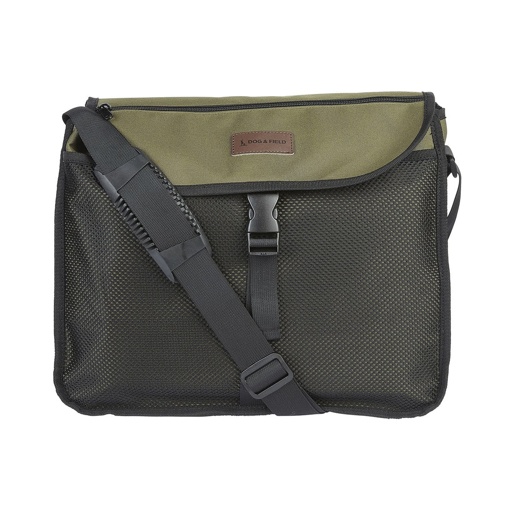 Dog and Field small game and dummy bag front view in olive green - front mesh net for additional dummy or game storage with zipper pocket for phone and keys during gundog training sessions