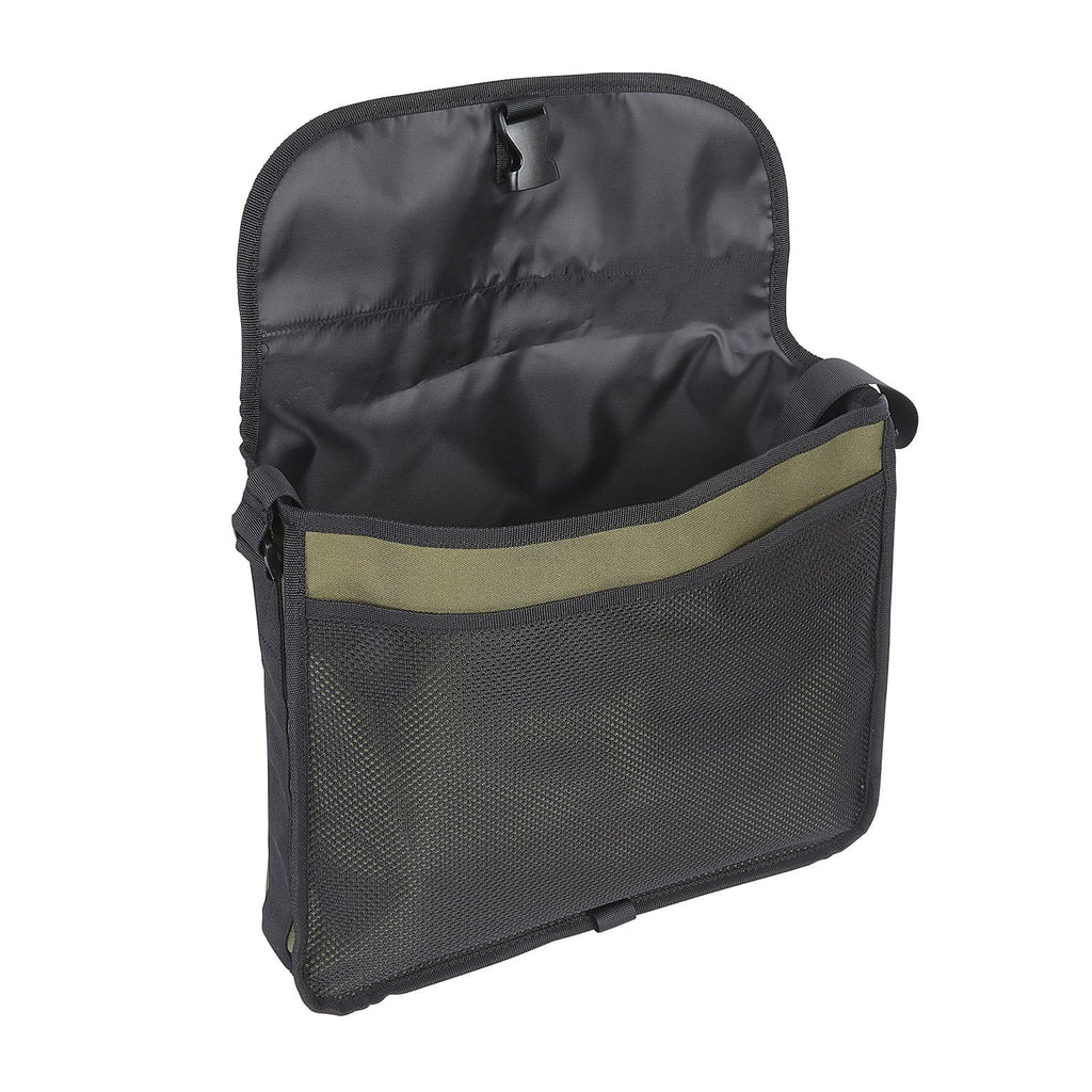 Dog and Field small game and dummy bag open view in olive green - single fastening 40cm x 35cm bag with adjustable shoulder strap and internal storage for dummies game and training essentials