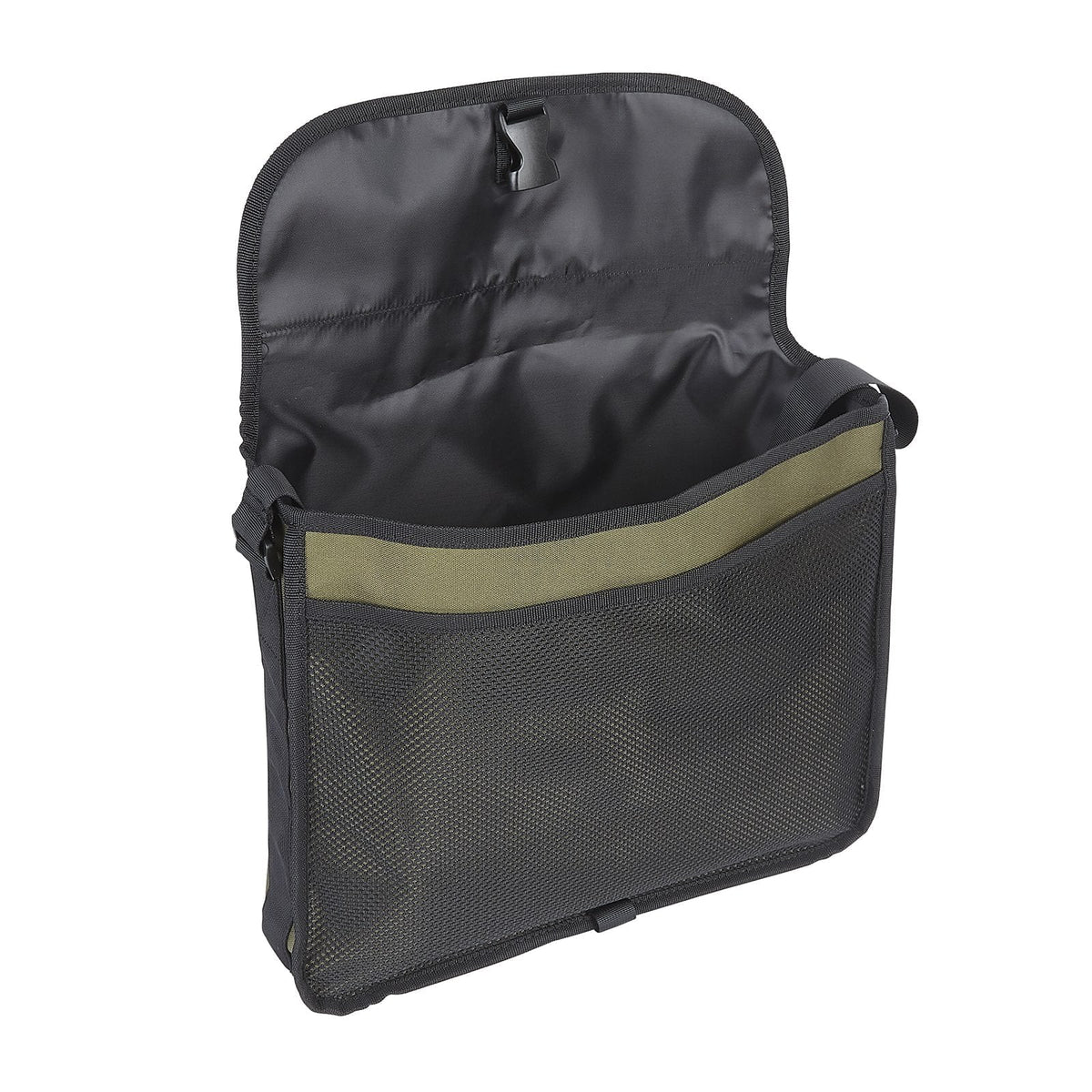 Dog and Field small game and dummy bag open view in olive green - single fastening 40cm x 35cm bag with adjustable shoulder strap and internal storage for dummies game and training essentials