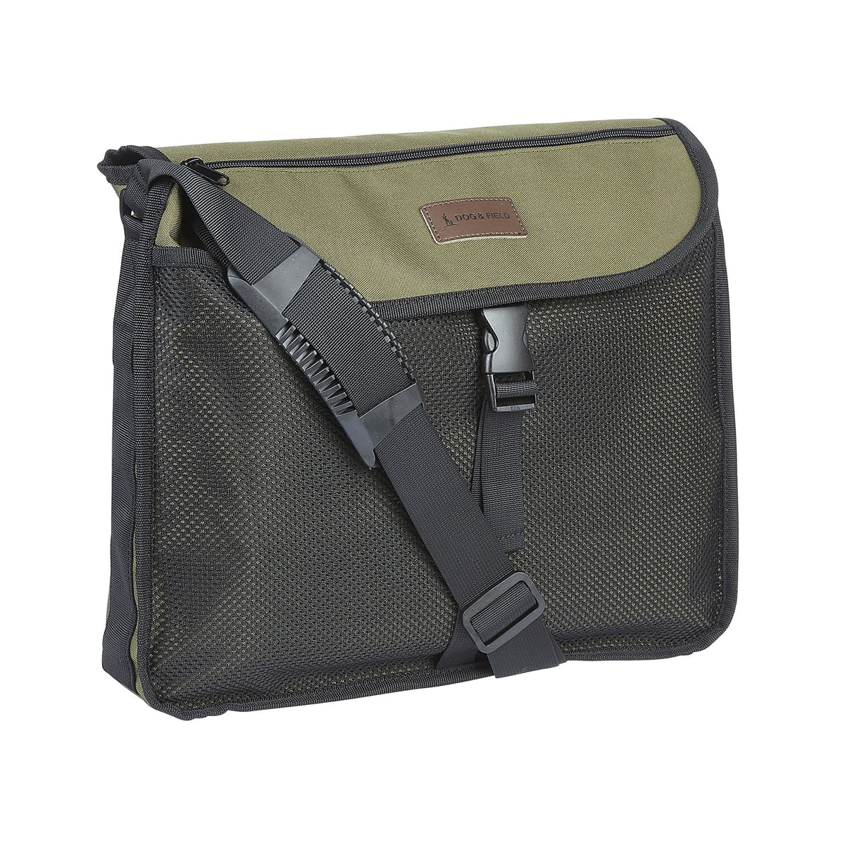 Dog and Field small game and dummy bag in olive green - 40cm x 35cm adjustable shoulder strap and leather logo badge for carrying dummies game and essentials during gundog training and trialling