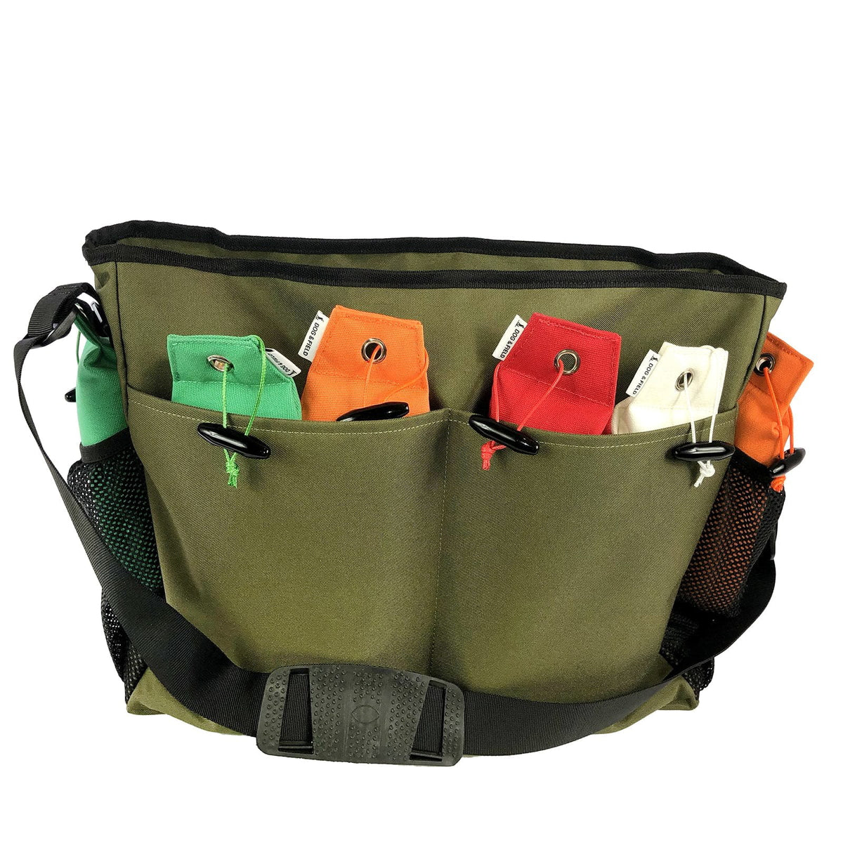Dog and Field Maxxi Dummy Bag rear view with training dummies loaded in external pockets - durable canvas construction with strong YKK zipper and adjustable shoulder strap for comfortable carry during gundog training