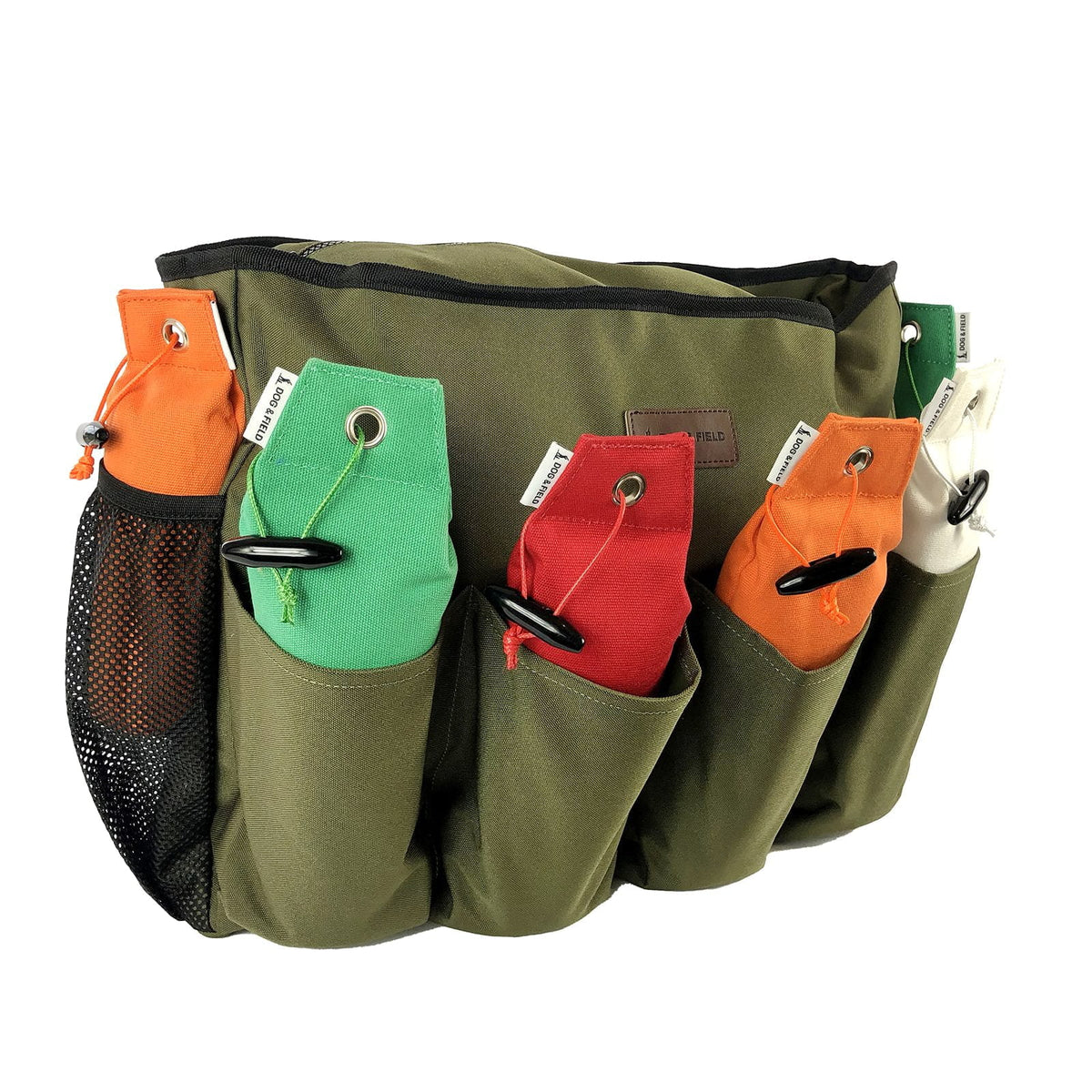 Dog and Field Maxxi Dummy Bag loaded with training dummies - 8 external pockets each holding a 1lb dummy plus internal capacity for 12 more for maximum dummy carrying during structured gundog training sessions