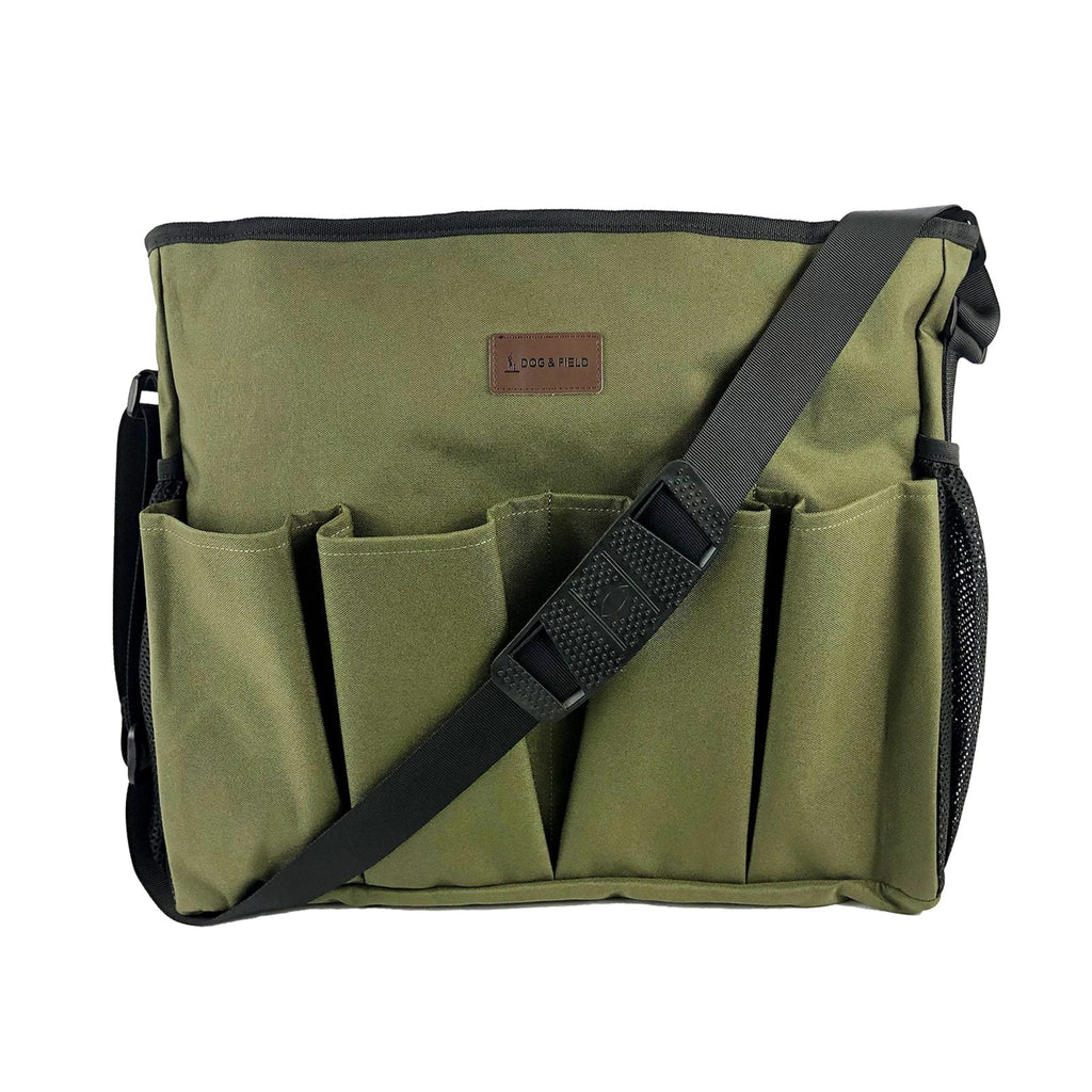 Dog and Field Maxxi Dummy Bag front view - largest capacity dummy bag on the market with 8 external pockets zip fastening top and internal storage for up to 20 1lb dummies during gundog training and trialling