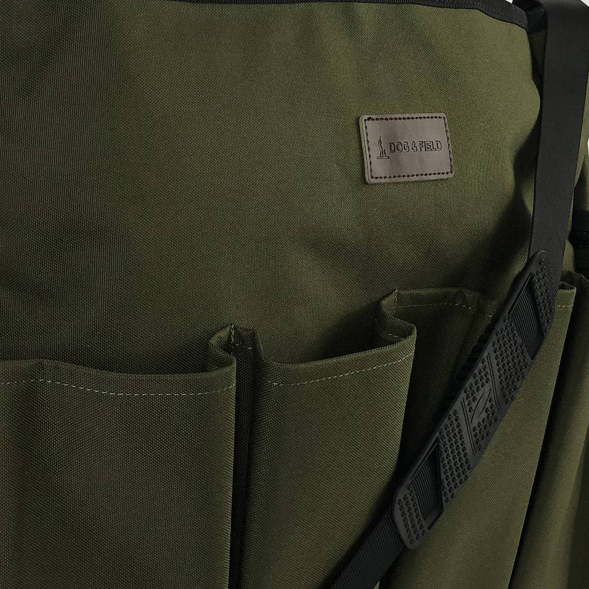 Close-up of Dog and Field Maxxi Dummy Bag external pockets - 8 individual pockets each sized to hold a 1lb training dummy for quick access during marking drills and structured gundog training sessions