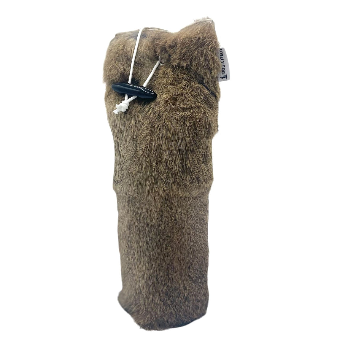 Dog & Field 1lb rabbit fur dummy standing view - real rabbit fur with unique white canvas rabbit tail replica and throwing toggle for realistic gundog retrieve training