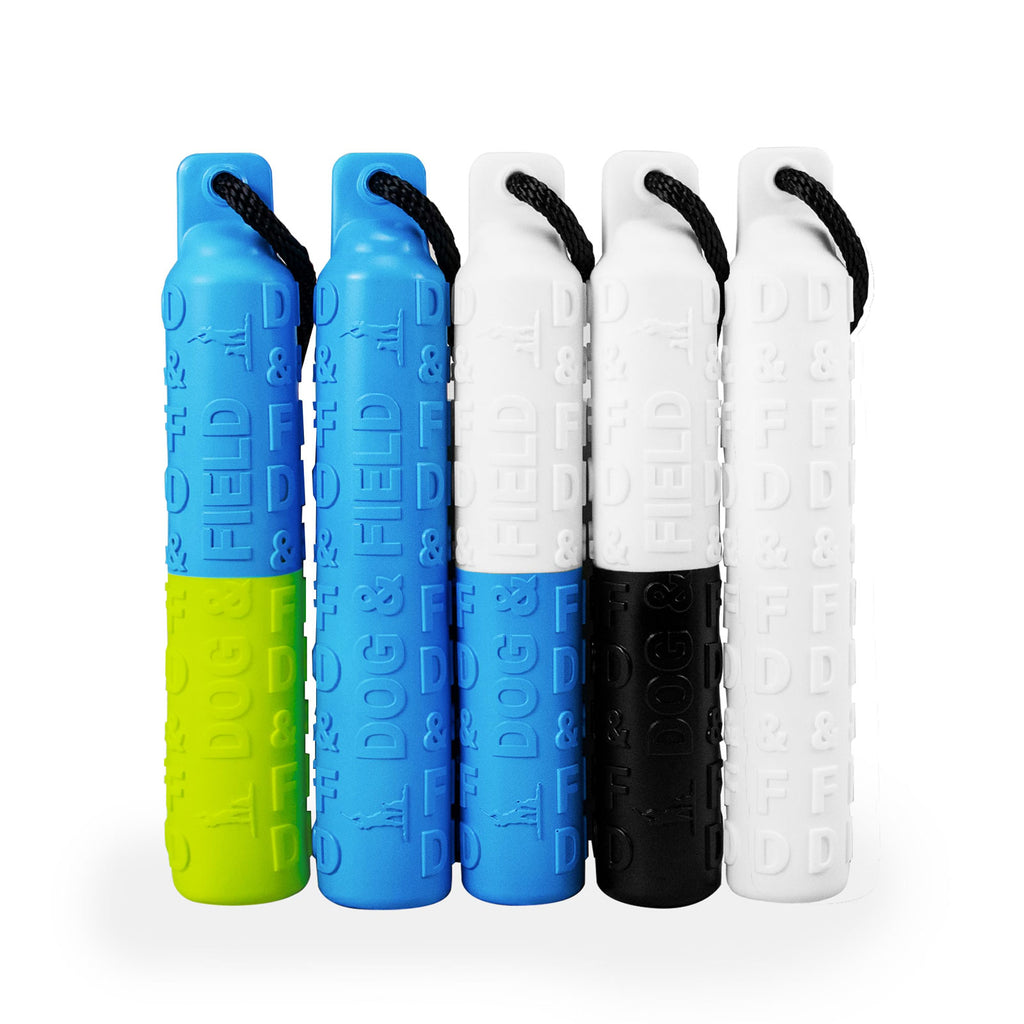 Dog & Field B-LINE bumper full colour range - all five colour combinations blue green white and black 250g gundog training dummies for land and water